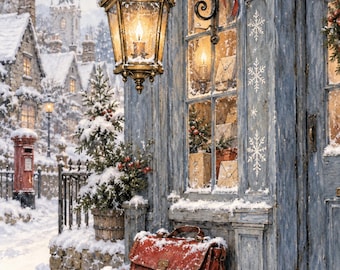 Peut inclure: Une scène d'hiver enneigée avec une devanture bleue, une lanterne allumée, une sacoche en cuir rouge et deux cadeaux emballés. La vitrine présente des enveloppes et un petit sapin, tandis qu'une boîte aux lettres rouge est visible.