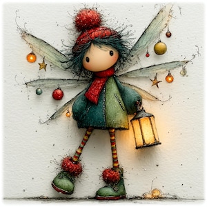 May include: A charming illustration of a fairy-like character wearing a red bobble hat, scarf, and striped legs. The figure has a teal coat and green boots, holding a glowing lantern. Decorative baubles hang from its wings, creating a festive holiday theme.