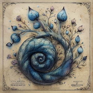 May include: A detailed illustration of a blue nautilus shell with a tree-like structure growing from it, adorned with blue and pink bud-like shapes. The artwork is set against a textured, aged paper background with decorative borders and text.