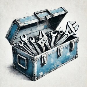 Könnte beinhalten: Eine blaue Metallwerkzeugkiste mit offenem Deckel, die eine Vielzahl von Werkzeugen enthüllt, darunter Schraubenschlüssel, Zangen und Schraubendreher.