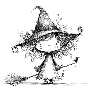 Peut inclure: Illustration en noir et blanc d'une sorcière de dessin animé aux cheveux bouclés, portant un chapeau pointu et une robe. Elle tient un balai et un oiseau est perché sur un bâton. Le style rappelle un croquis.