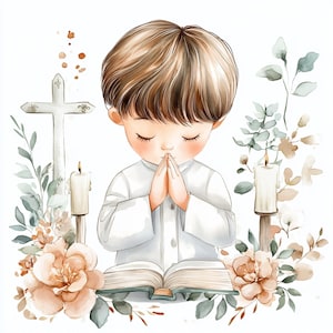 Primera Comunión, Niño rezando, Arte religioso, Imágenes prediseñadas bíblicas, Vela cruzada, Arte religioso, Niño en acuarela, Bendición, JPG
