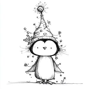 May include: A whimsical black and white illustration of a penguin wearing a festive hat adorned with polka dots and decorative elements. The penguin has a cheerful expression and is surrounded by whimsical details, perfect for holiday-themed products.