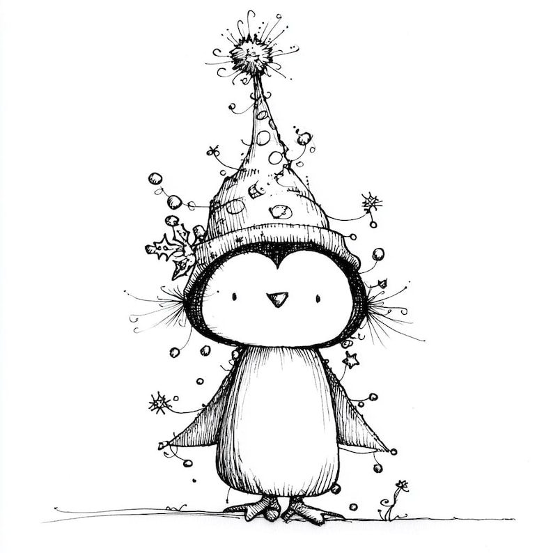 May include: A whimsical black and white illustration of a penguin wearing a festive hat adorned with polka dots and decorative elements. The penguin has a cheerful expression and is surrounded by whimsical details, perfect for holiday-themed products.