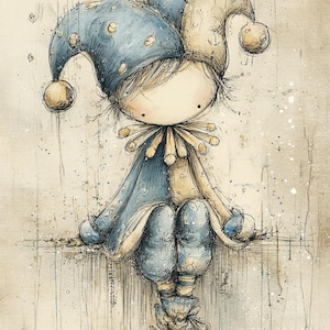 Puede incluir: Ilustración caprichosa de un bufón sentado. El bufón viste un atuendo azul y beige con un sombrero a juego adornado con cascabeles. La obra de arte tiene una textura suave, similar a la acuarela, y una estética vintage.