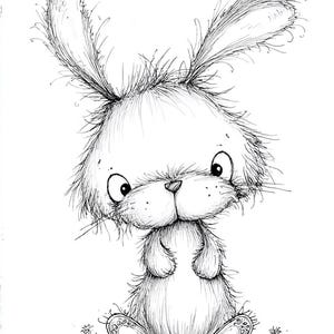 May include: A black and white illustration of a fluffy bunny with large ears and expressive eyes. The bunny is drawn in a whimsical style, with detailed shading and a soft, textured appearance. It is sitting down with its paws together.