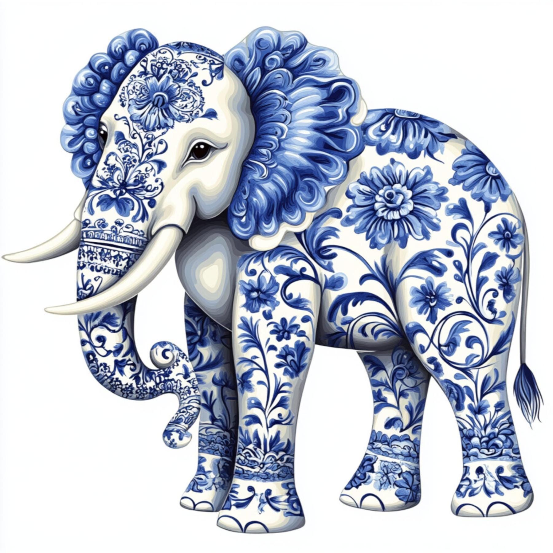 Blue Porcelain Art, Delft Elephant, Floral Ceramic, Indigo Animal