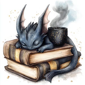Arte del libro del drago, Arte del cucciolo di drago, Fantasia accogliente, Caffè gotico, Arredamento libresco, Drago oscuro, Libri che fanno dormire, Arte della tazza magica, Graziosa clip a forma di drago
