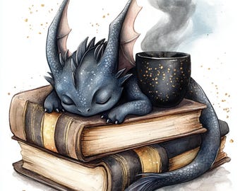 Arte de libros de dragones, arte de dragones bebés, fantasía acogedora, café gótico, decoración literaria, dragón oscuro, libros para dormir, arte de tazas mágicas, clip de dragón lindo