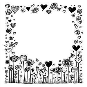 May include: Black and white line art illustration of a frame with hearts and flowers. The frame is filled with various sizes and shapes of hearts and flowers, creating a whimsical and romantic design.
