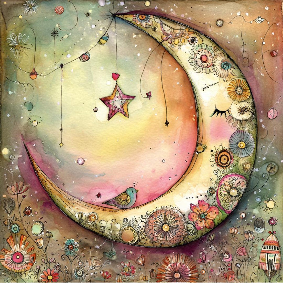 Whimsy Moon Design Whimsical Crescent Moon Clipart Set, Floral Watercolor and Ink ...