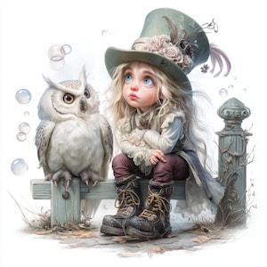 May include: An illustration of a child with long blonde hair wearing a green top hat, sitting on a wooden bench next to a white owl. The child is wearing a white shirt, burgundy pants, and black boots. Bubbles float in the background.