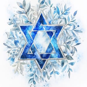 May include: A blue watercolour Star of David surrounded by blue and grey watercolour leaves.