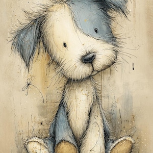 May include: A whimsical illustration of a seated dog with a fluffy, light blue and white coat. The dog has a sad expression, with a black nose and small eyes. The artwork has a textured, watercolor-like appearance, with brown and beige tones.