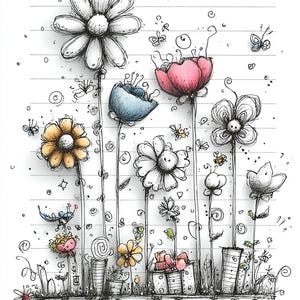 May include: Whimsical illustration of stylized flowers in various colors, including white, pink, blue, and yellow, with black outlines. Butterflies and bees are scattered around the flowers. The flowers are set against a white background with horizontal lines.