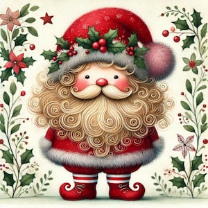Snugbeards, Santa art, cute Santa, watercolor Santa, Christmas clipart, holiday illustration, Santa drawing, festive art, JPG images