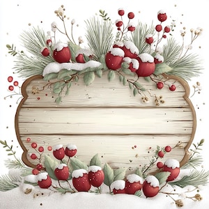 Rustika juletiketter CLIPART, botaniska högtidsetiketter, presentetiketter i trä, ramar av bär och tall, vinterblommiga etiketter