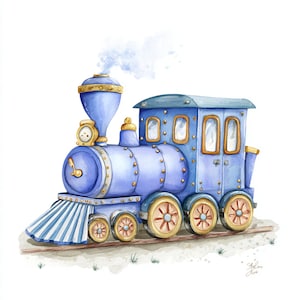 Trem vintage, arte de trem de brinquedo, clipart de trem infantil, locomotiva a vapor, ilustração de trem, trem de brinquedo vermelho, arte de trem azul, locomotiva fofa
