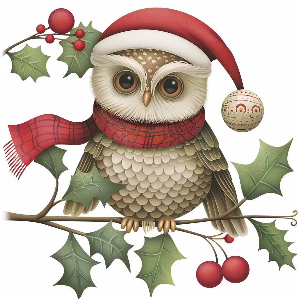 festive owl, christmas owl, holiday decor, winter bird, cute owl art, xmas decorations, woodland owl