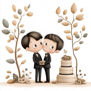 Boda gay, clipart de novios, novios guapos, pareja LGBTQ+, chicos de boda, boda romántica, esmoquin de novio, marco floral, arte de boda