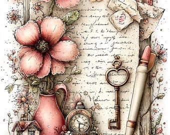 Vintage Floral Journal Desk CLIPART, Writing Table Scene, Cottage Stationery Illustration, Storybook Workspace Art