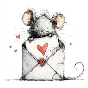 Puede incluir: Una ilustración caprichosa de un ratón gris asomándose por encima de un sobre blanco. El sobre está sellado con un sello de cera rojo y contiene una tarjeta con un corazón rojo. Varios corazones rojos flotan alrededor.