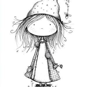 Puede incluir: Una ilustración en blanco y negro de una niña caprichosa con un sombrero alto y punteado con un adorno colgante. Tiene el pelo largo y suelto, una bufanda y un abrigo a cuadros. La niña lleva botas y está de pie sobre una superficie herbosa.