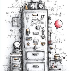 May include: An artistic illustration of a white cabinet with drawers, clocks, and scientific instruments. A red balloon floats nearby. The cabinet has a vintage, industrial aesthetic, with detailed line work and a whimsical feel.