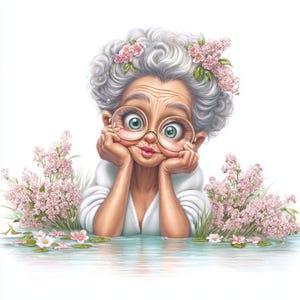 Grand-mère au bain, art drôle de grand-mère, jolie vieille dame, art floral pour le bain, grand-mère au spa, aîné fantaisiste, grand-mère de dessin animé, grand-mère dans la baignoire, fichiers JPG