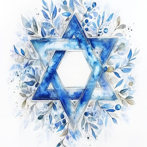 May include: A watercolour painting of a blue Star of David surrounded by blue and green leaves. The star is outlined in silver.