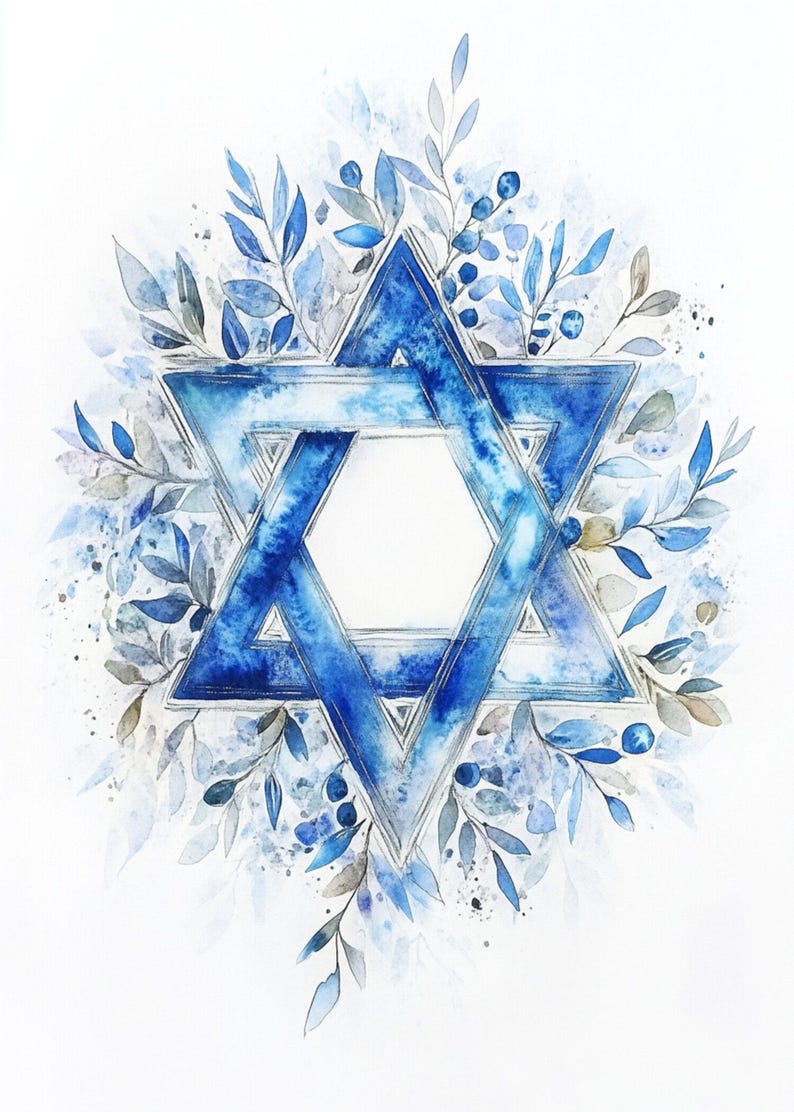 May include: A watercolour painting of a blue Star of David surrounded by blue and green leaves. The star is outlined in silver.