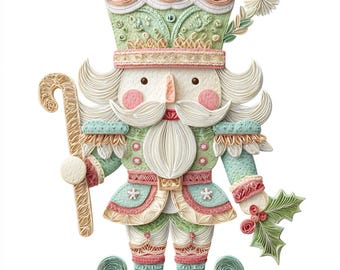 Könnte beinhalten: Ein skurriler Nussknacker aus Papier in Pastellfarben. Die Figur hat ein weißes Gesicht mit rosa Wangen, einen weißen Schnurrbart und Bart und trägt eine grüne und blaue Uniform mit einem rosa Hut. Er hält eine Zuckerstange und einen Stechpalmenzweig.