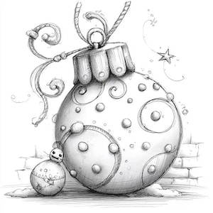 May include: A detailed pencil sketch of two Christmas ornaments. The larger ornament has a decorative swirl and dot pattern. The smaller ornament has a smiling face. A star and decorative swirls are also included.