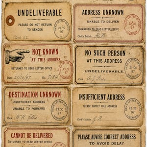 Dead Letter Office Labels Printable Ephemera, Haunted Postal Labels, Victorian Mail Tags, Gothic Junk Journal Supplies