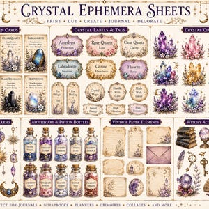 Peut inclure: Une collection de feuilles d'éphémères en cristal présentant des illustrations imprimées de cartes de spécimens, étiquettes, étiquettes, grappes, breloques célestes, flacons d'apothicaire, éléments en papier vintage et objets de sorcellerie.