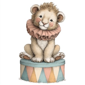 Arte de circo vintage, león caprichoso, oso en bicicleta, zorro en pelota, animales de circo, clipart de circo lindo, espectáculo de animales retro, arte animal de carnaval,