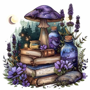 Puede incluir: Ilustración fantástica con una gran seta morada, libros y botellas de pociones. Lavanda y flores moradas rodean los libros. Una pequeña vela arde cerca de un tarro de líquido amarillo. Una luna creciente y un bosque completan el tema.