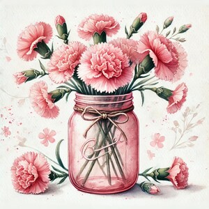 Pot Mason floral, aquarelle florale, j'aime maman, art de la fête des mères, bouquet d'oeillets, pot en verre vintage, clipart aquarelle, images JPG