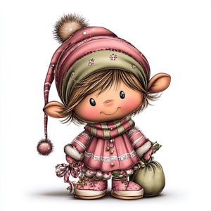 May include: A cartoon illustration of a child dressed in winter attire. The child wears a pink hat with a pom-pom, a matching coat, and boots. A green and pink striped scarf and a beige sack are also visible. The child is holding a wrapped gift.