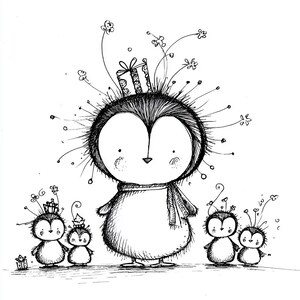 May include: A whimsical black and white illustration of a large penguin with a scarf, surrounded by smaller penguins. The penguins have crowns and gift boxes, with floral accents. The style is reminiscent of a children's book illustration.