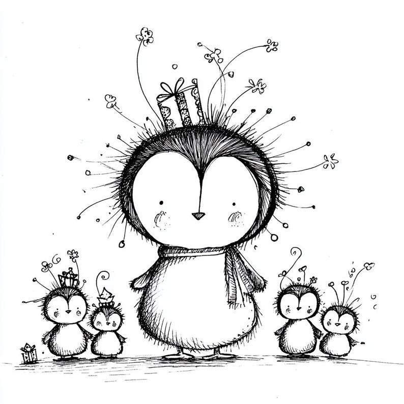 May include: A whimsical black and white illustration of a large penguin with a scarf, surrounded by smaller penguins. The penguins have crowns and gift boxes, with floral accents. The style is reminiscent of a children's book illustration.