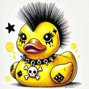 May include: A yellow rubber duck with a black mohawk, black eyeliner, and a black studded collar. The duck has a skull and crossbones design on its chest.