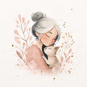 May include: Watercolor illustration of a woman with gray hair in a bun, embracing a cat. The woman is wearing a pink top, and the cat is light brown. Soft pink and gold botanical elements surround them, creating a warm and loving scene.