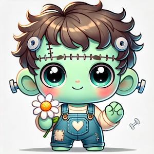 Little Frank, cute monster, baby Frankenstein, Chibi art, kids character, kawaii design, whimsical Cartoon, Halloween clipart, JPG images