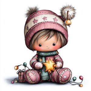 May include: A digital illustration of a cute doll wearing a pink winter outfit, including a hat with pom-poms and star details, a scarf, and matching clothing. The doll holds a golden star and is surrounded by Christmas lights and a gift.