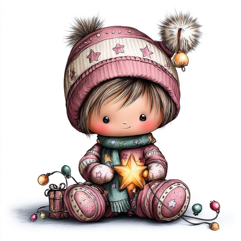 May include: A digital illustration of a cute doll wearing a pink winter outfit, including a hat with pom-poms and star details, a scarf, and matching clothing. The doll holds a golden star and is surrounded by Christmas lights and a gift.