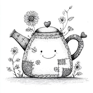 Könnte beinhalten: Schwarz-weiße Illustration einer lächelnden Teekanne mit herzförmigem Deckel und Griff. Die Teekanne ist mit Flicken verziert und von Blumen und Blättern umgeben, was eine charmante, handgezeichnete Ästhetik erzeugt.