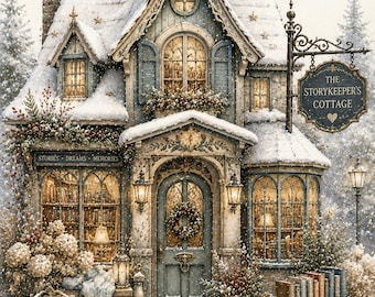 Peut inclure: Un cottage enneigé avec des volets bleus et une enseigne indiquant THE STORYKEEPER'S COTTAGE. La devanture présente des vitrines remplies de livres, une porte avec une couronne et un panneau indiquant BOOKS HOLDING WORLDS WAITING TO BE FOUND.