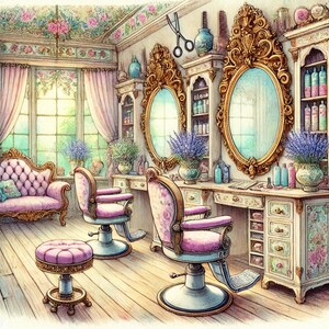 The Village Hairdresser, Friseursalon, Vintage-Dekor, gemütliches Interieur, Haarstyling, charmanter Laden, JPG-Bilder