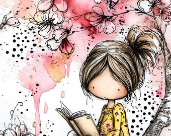 girl reading, book lover, storytime art, floral reading, spring blooms, whimsical art, kids book art, reading print, pink flowers